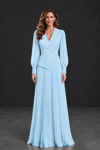 BOLODOO Light Blue Long Sleeve Pleated Mother of the Bride Dress - Light Blue - Light Blue_1