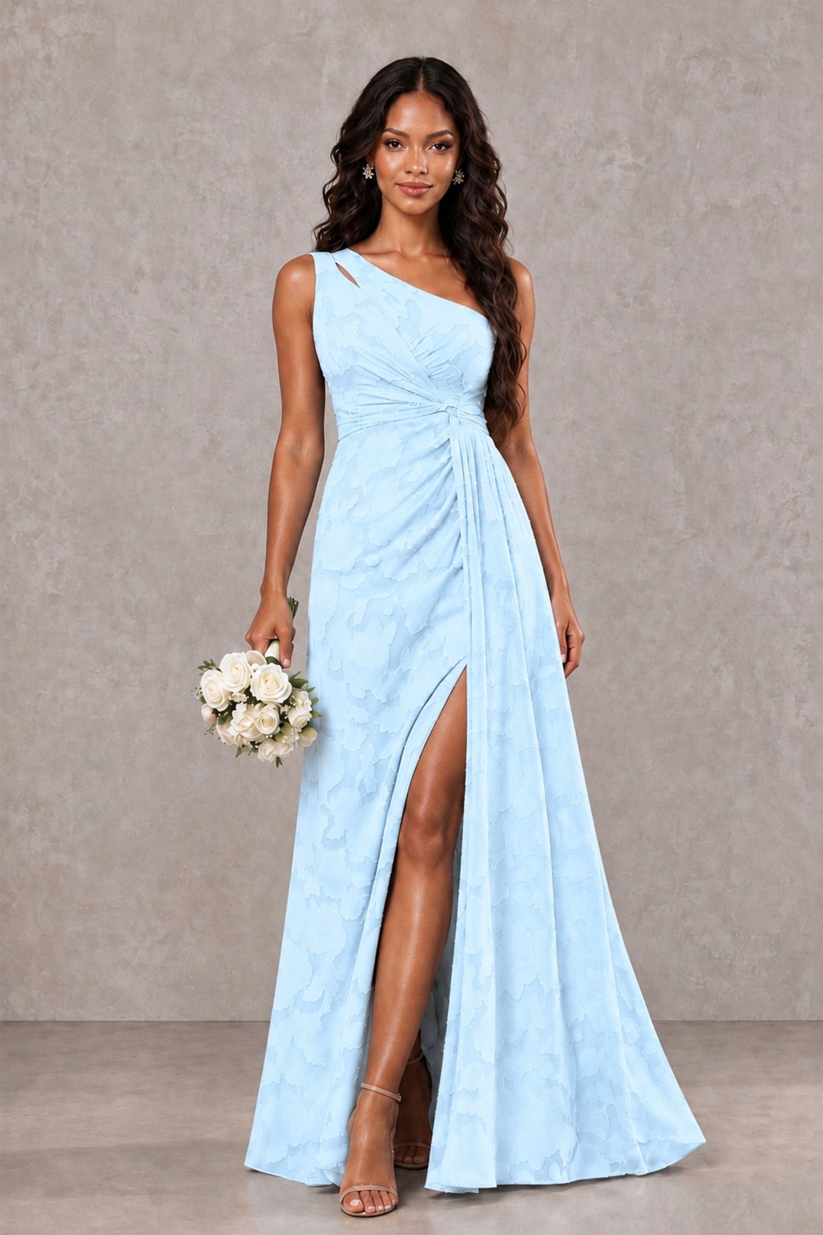 BOLODOO Light Blue One-Shoulder Floral Textured Maxi Dress with High Slit - Light Blue - Light Blue_1