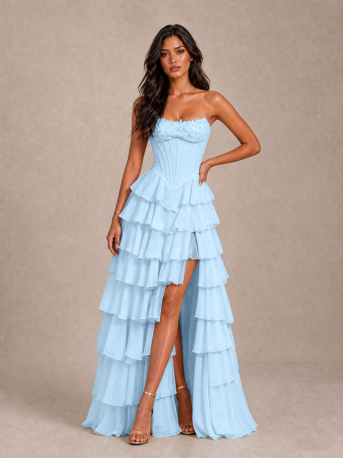 BOLODOO Light Blue Strapless Corset Tiered Ruffle Prom Dress with High Slit - Light Blue - Light Blue_1