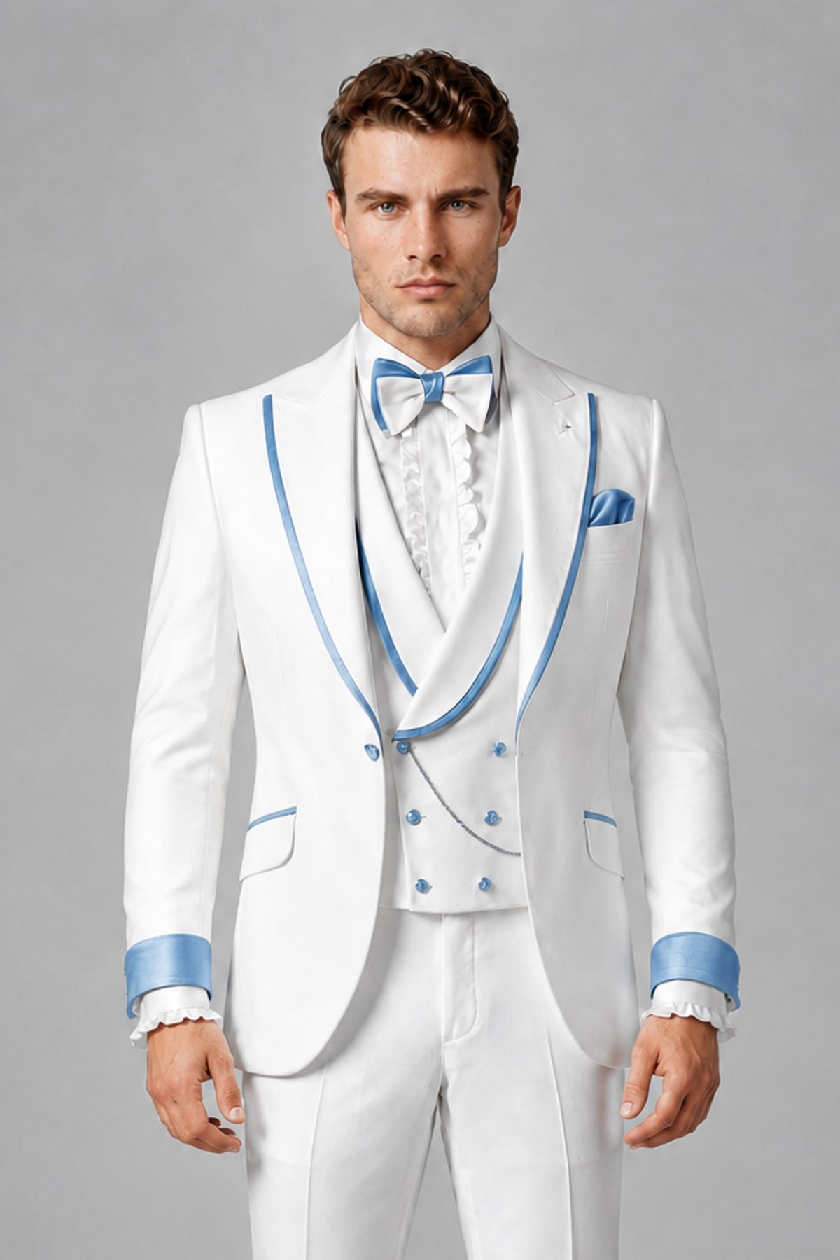 Bolodoo Men's White and Light Blue Three-Piece Wedding Tuxedo Suit - Light Blue - Light Blue_1