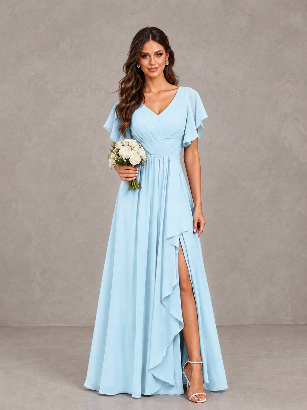 BOLODOO Light Blue Flutter Sleeve V-Neck Bridesmaid Dress with Ruffle Slit - Light Blue - Light Blue_1