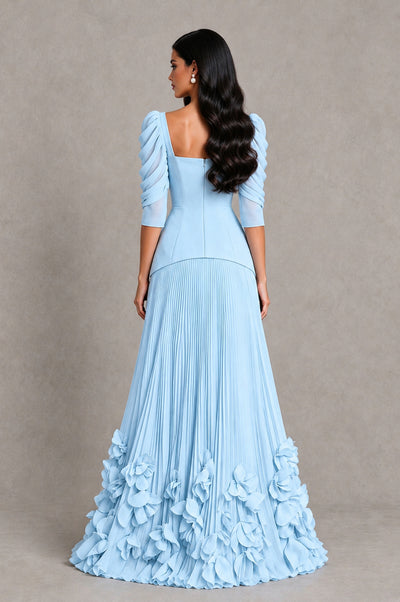 BOLODOO Light Blue Square Neck Pleated Floral Applique Evening Dress - Light Blue - Light Blue_2