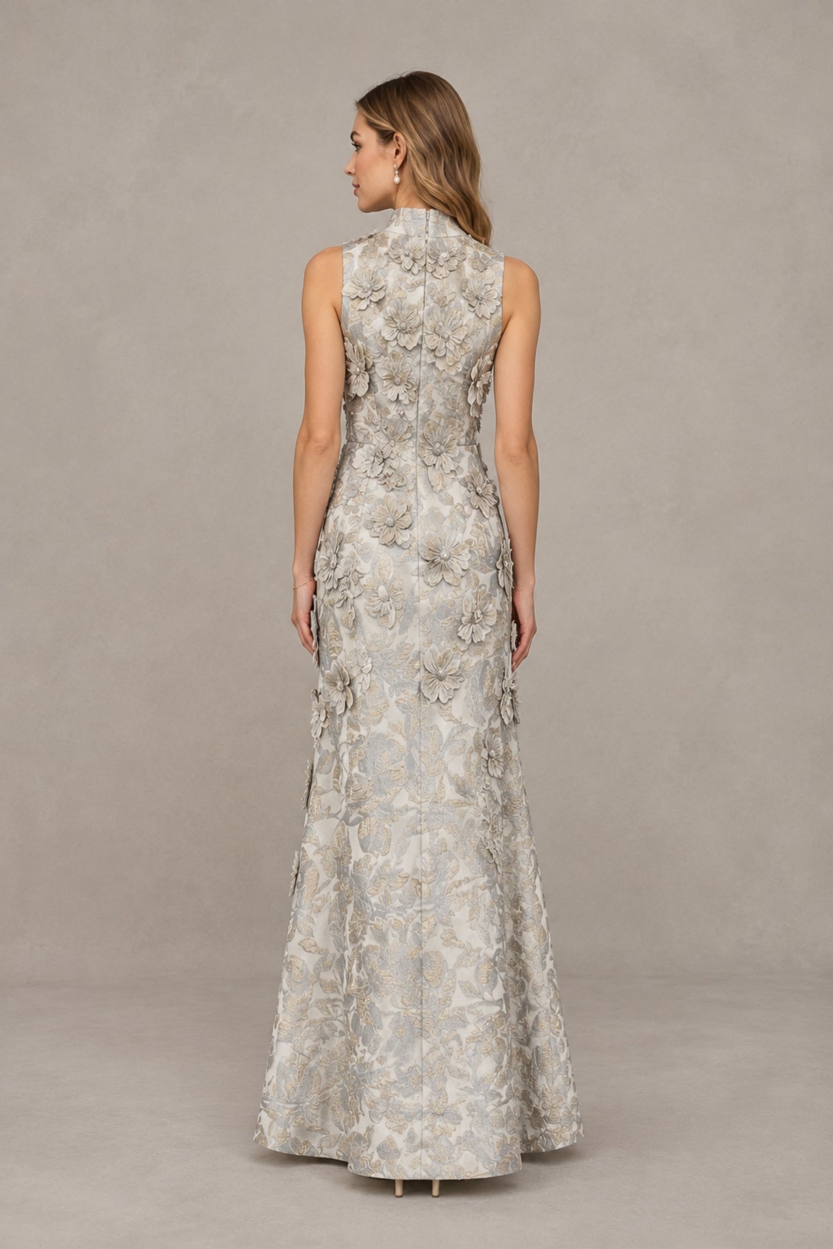 BOLODOO Light Blue High Neck Sleeveless 3D Floral Evening Gown - Light Blue