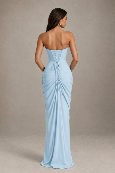 BOLODOO Strapless Draped Maxi Dress - Light Blue Backless Evening Gown with High Slit - Light Blue - Light Blue_2