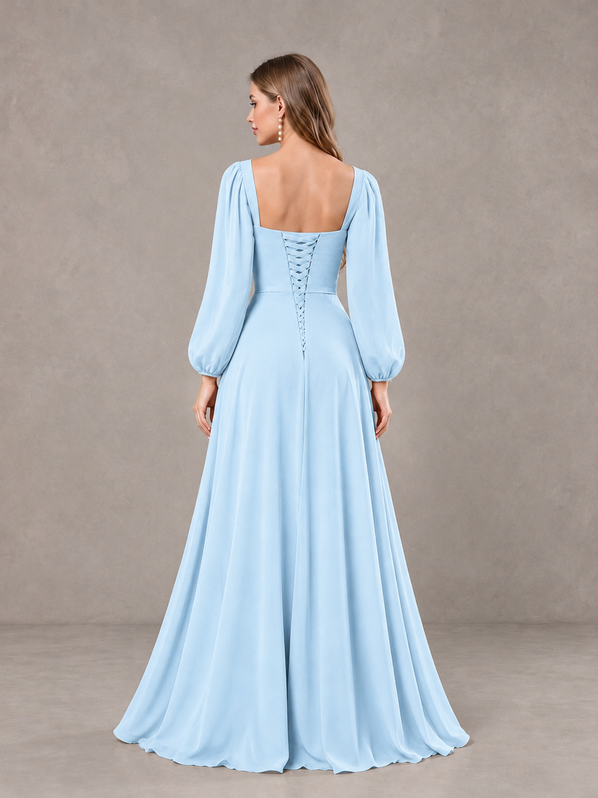 BOLODOO Light Blue Square Neck Long Sleeve Bridesmaid Dress with Ruffle Slit - Light Blue - Light Blue_2