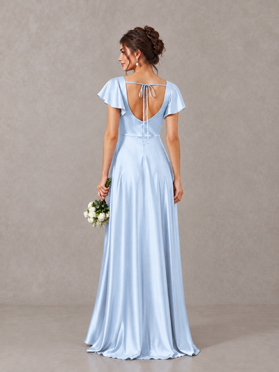 BOLODOO Light Blue Satin Square Neck Flutter Sleeve A-Line Bridesmaid Dress with Slit - Light Blue - Light Blue_2