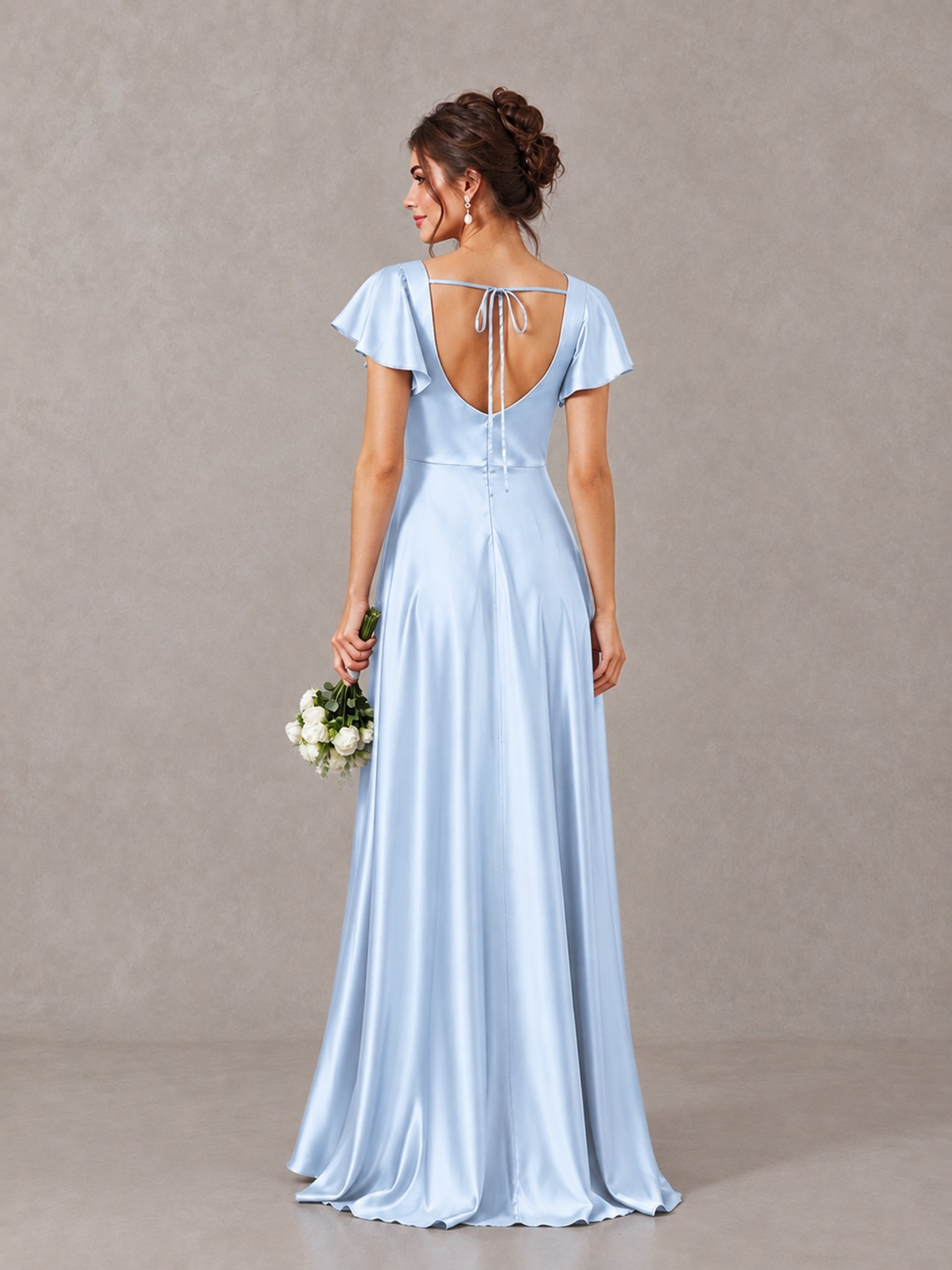 BOLODOO Light Blue Satin Square Neck Flutter Sleeve A-Line Bridesmaid Dress with Slit - Light Blue - Light Blue_2