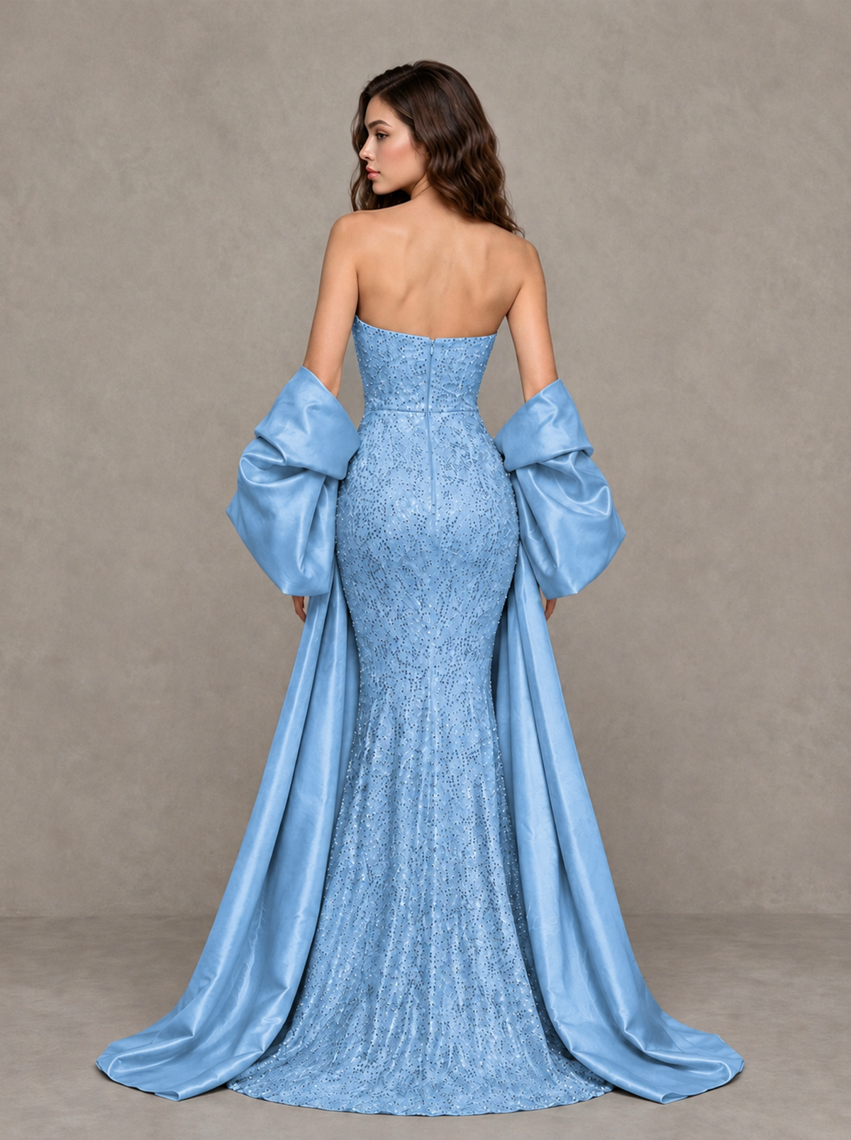 BOLODOO Light Blue Strapless Sparkle Mermaid Prom Dress with Front Slit and Draped Sleeves - Light Blue - Light Blue_2