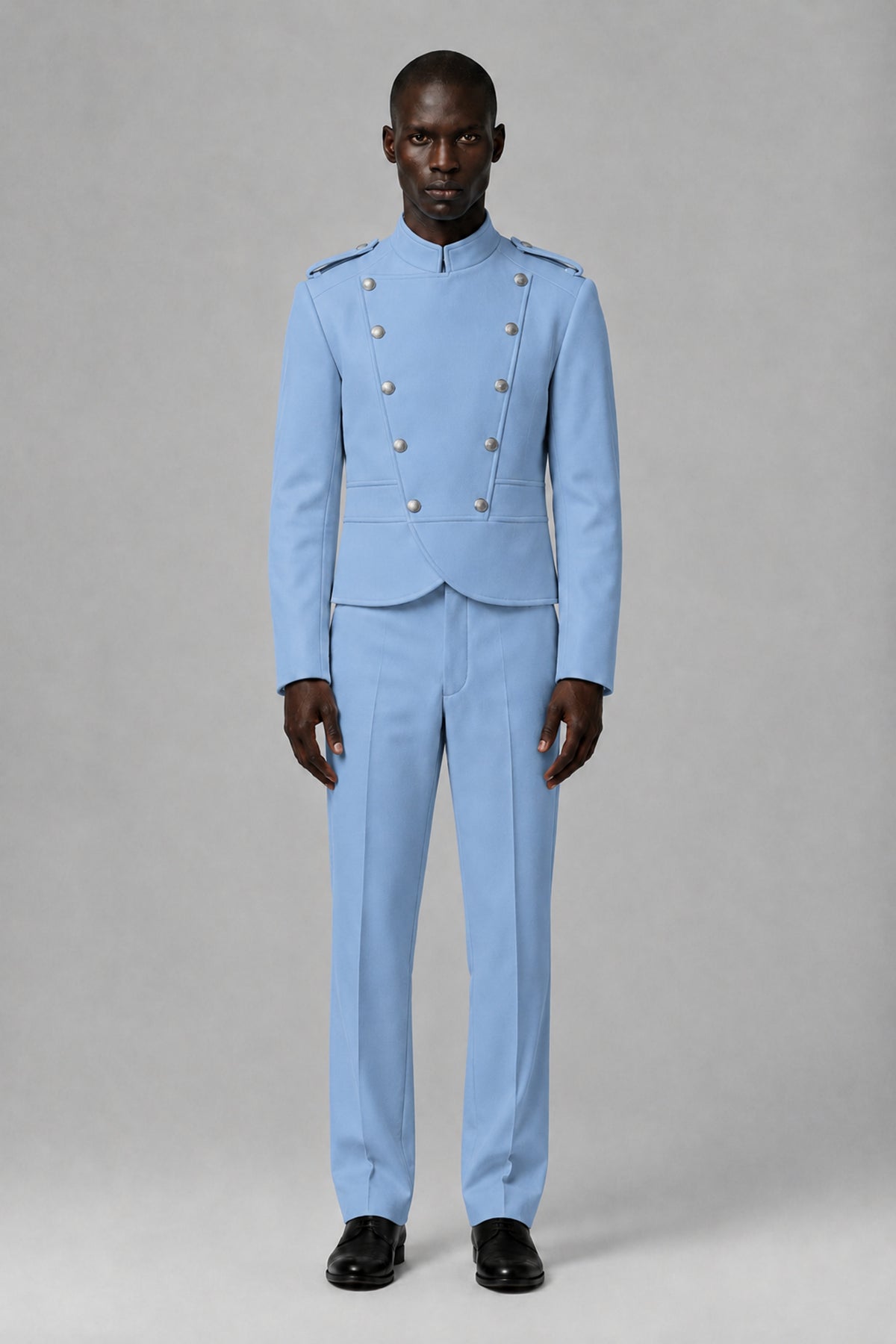 Bolodoo Men's Light Blue Military-Inspired Two-Piece Suit with Stand Collar - Light Blue - Light Blue_2