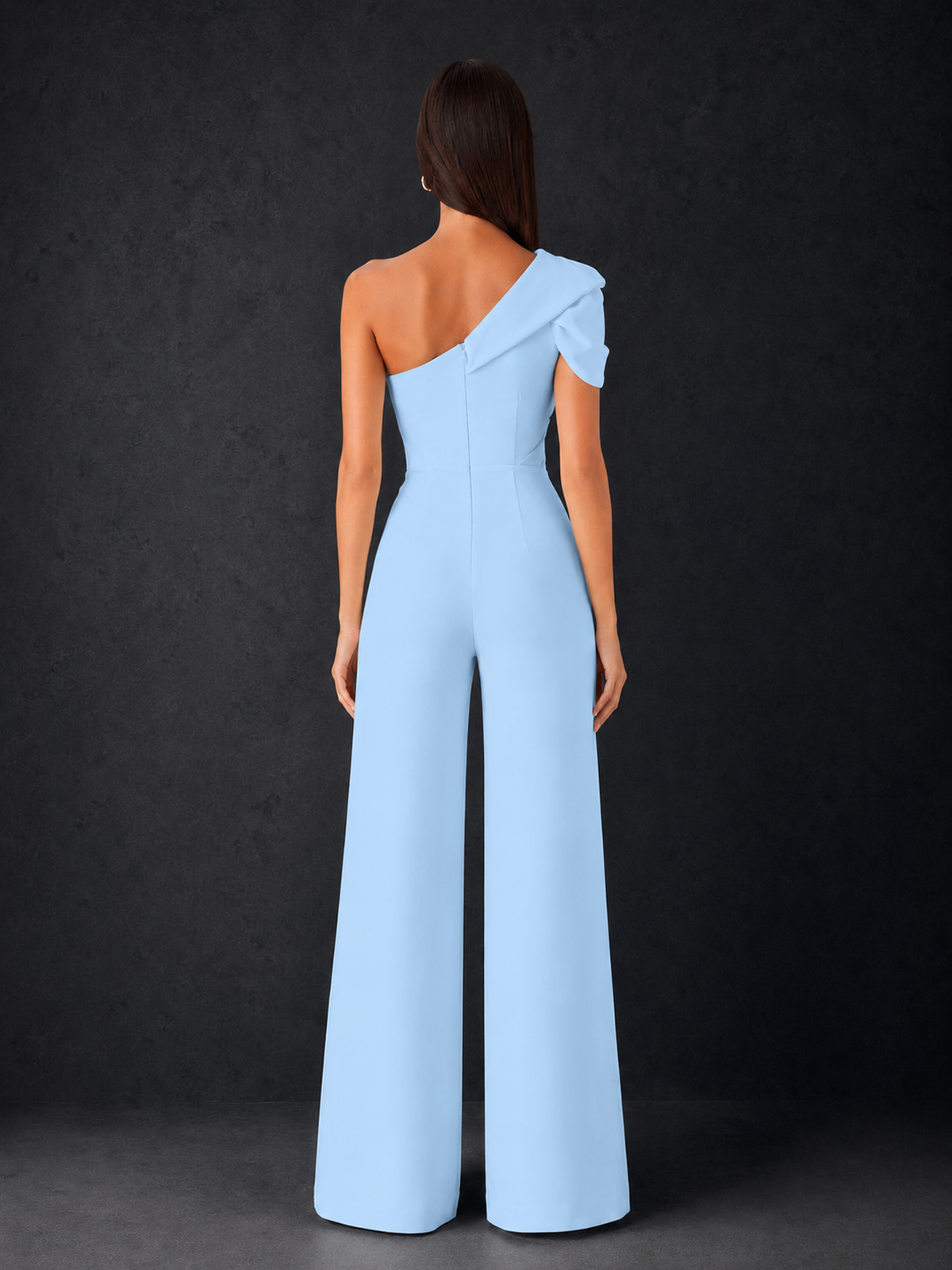 BOLODOO Light Blue One-Shoulder Puff Sleeve Wide-Leg Jumpsuit with Front Slit and Open Back - Light Blue