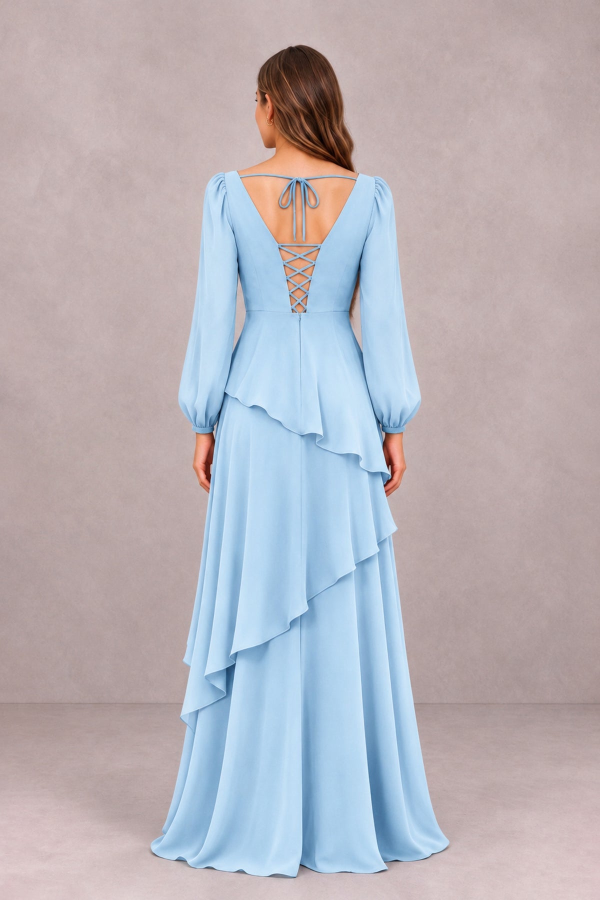 BOLODOO Light Blue Long Sleeve Ruffle Bridesmaid Dresses - Light Blue - Light Blue_2