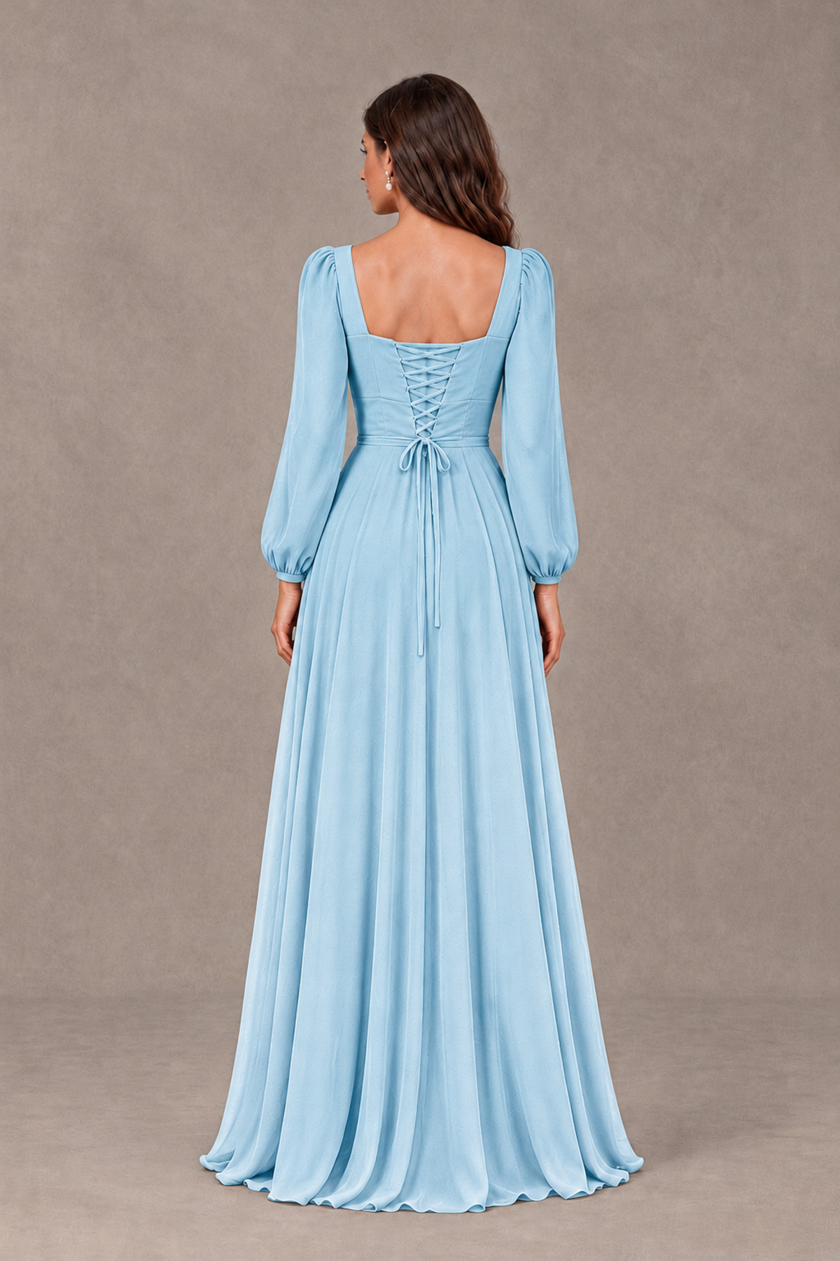 BOLODOO Light Blue Square Neck Long Sleeve A-Line Bridesmaid Dress - Light Blue - Light Blue_2