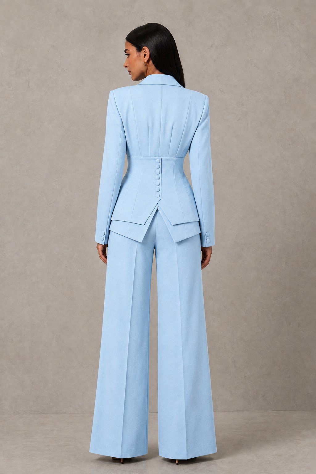 BOLODOO Light Blue Cinched Waist Blazer and Wide Leg Pants Two Piece Suit Set - Light Blue