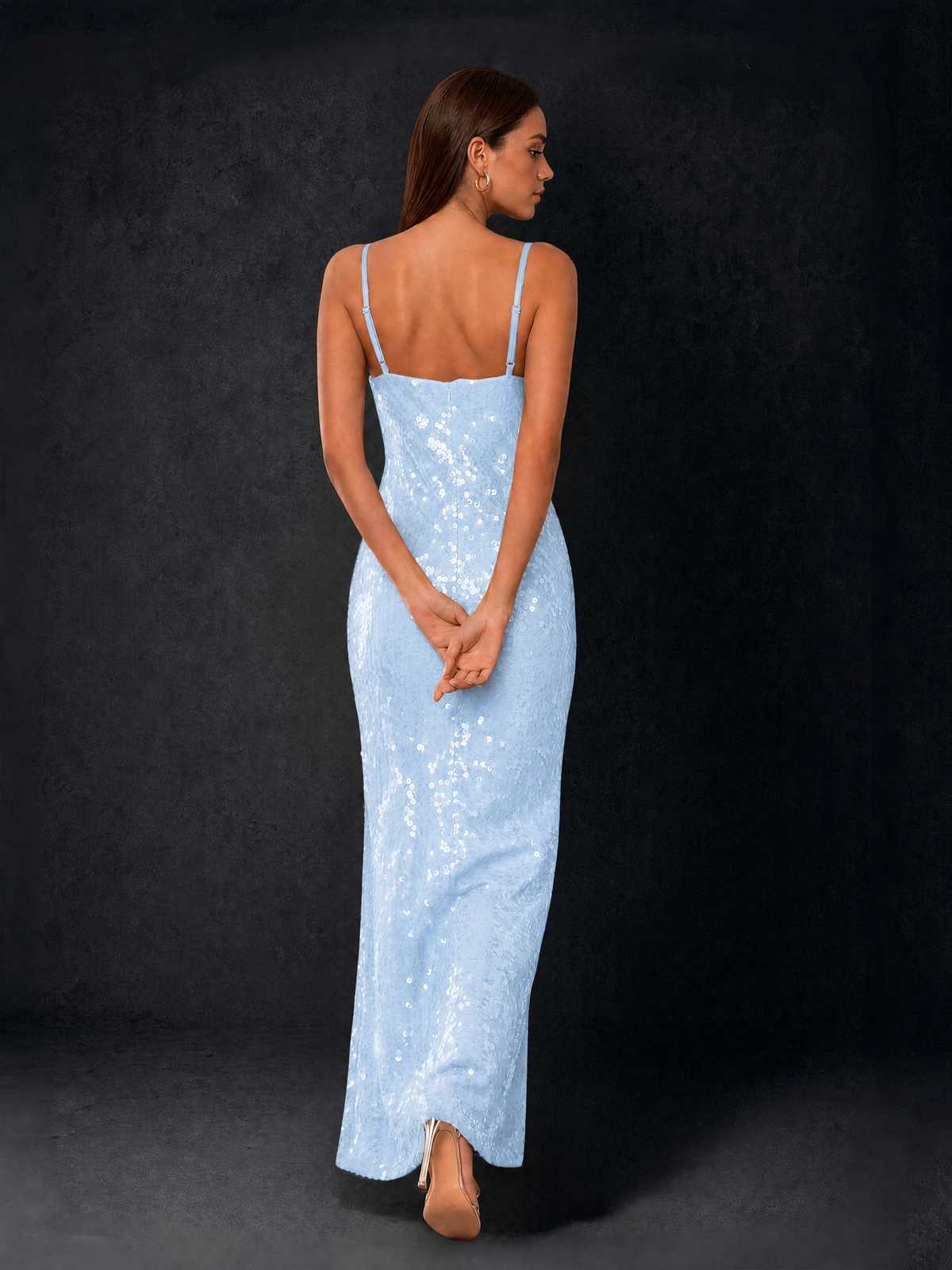 BOLODOO Bronze Sequin Cowl Neck Spaghetti Strap Mermaid Maxi Dress with Open Criss-Cross Back - Light Blue - Light Blue