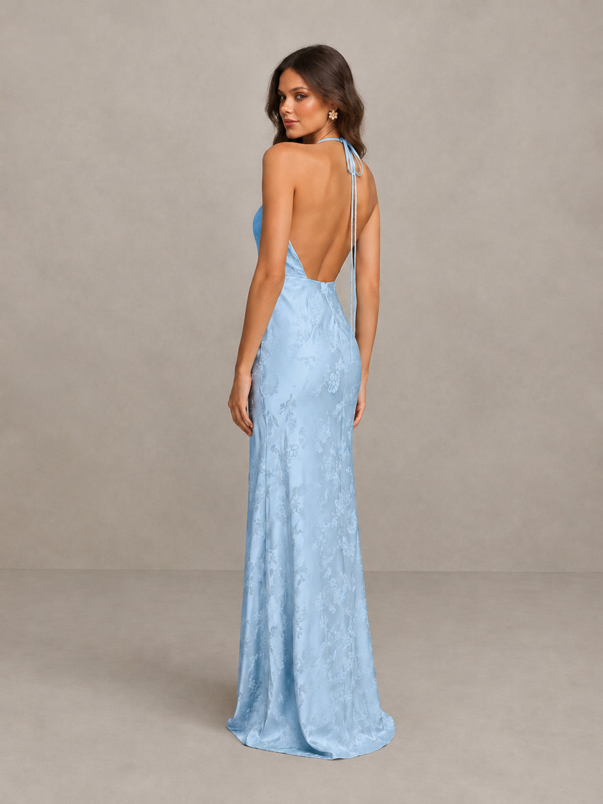 BOLODOO Light Blue Floral Satin Open-Back Bridesmaid Dress - Light Blue - Light Blue_2