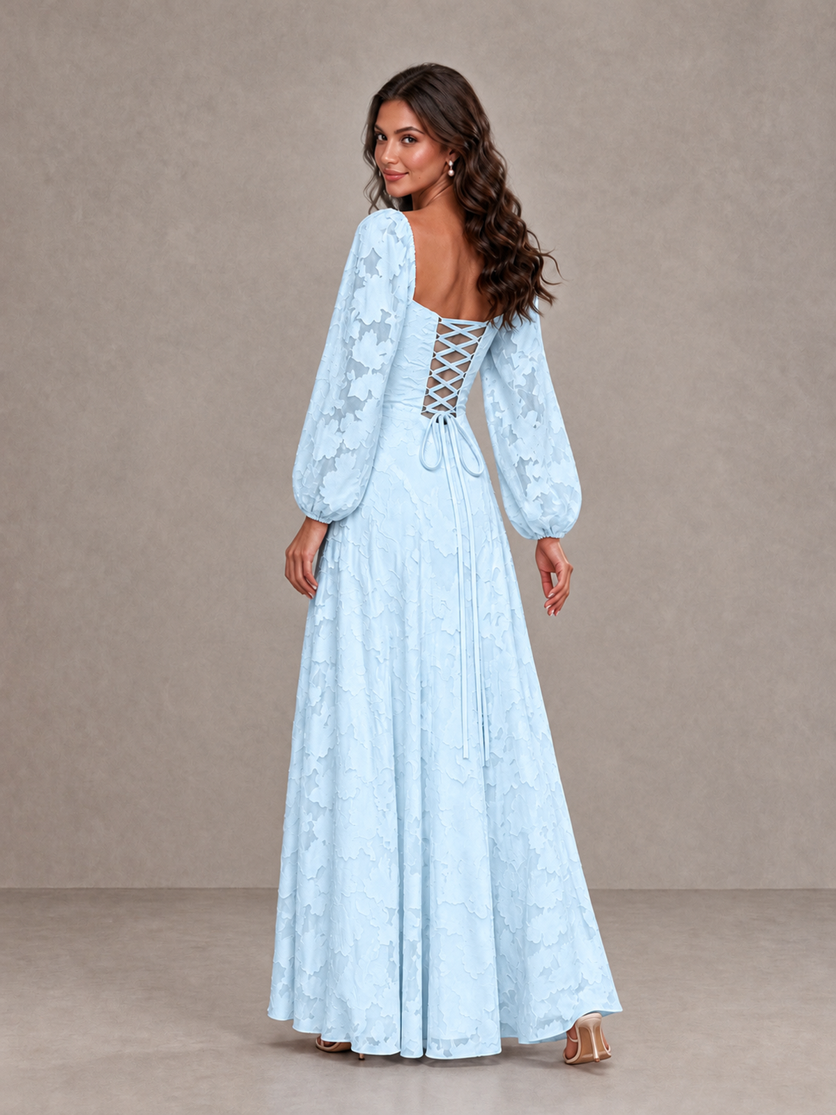 BOLODOO Light Blue Floral Long Sleeve A-Line Bridesmaid Dress - Light Blue - Light Blue_2