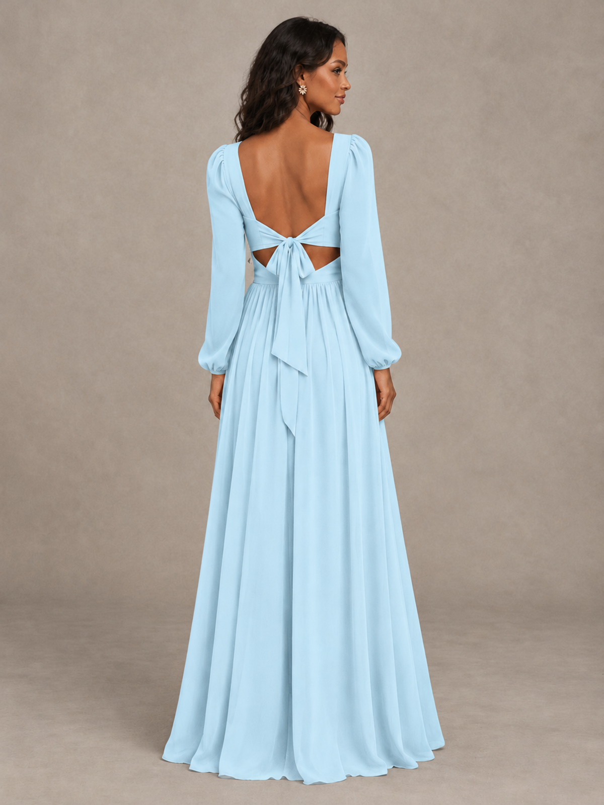 BOLODOO Light Blue V-Neck Long Sleeve Bridesmaid Dress with Tie Back and Slit - Light Blue - Light Blue_2