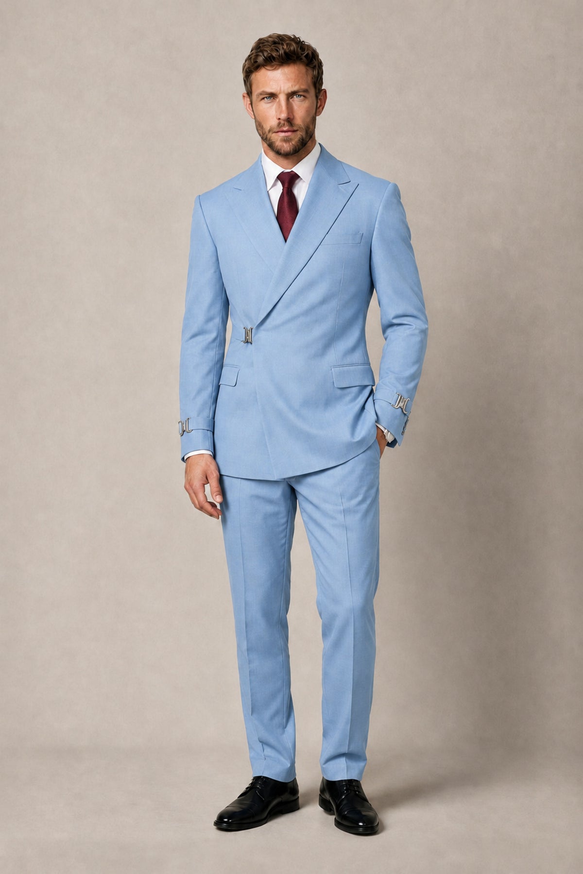 BOLODOO Men's Light Blue Double-Breasted 2-Piece Suit Set – Blazer & Tailored Trousers - Light Blue