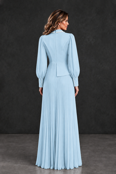 BOLODOO Light Blue Long Sleeve Pleated Mother of the Bride Dress - Light Blue - Light Blue_2