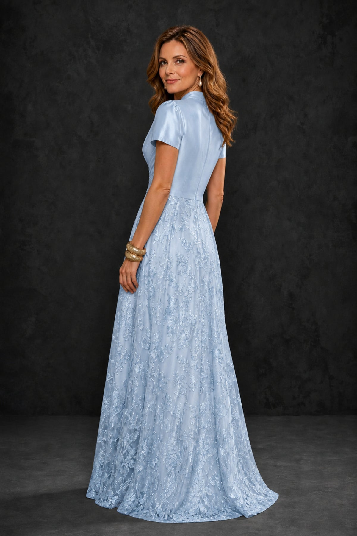 BOLODOO Light Blue Satin Wrap V-Neck Short Sleeve Lace Glitter A-Line Floor Length Evening Gown – Formal Dress - Light Blue