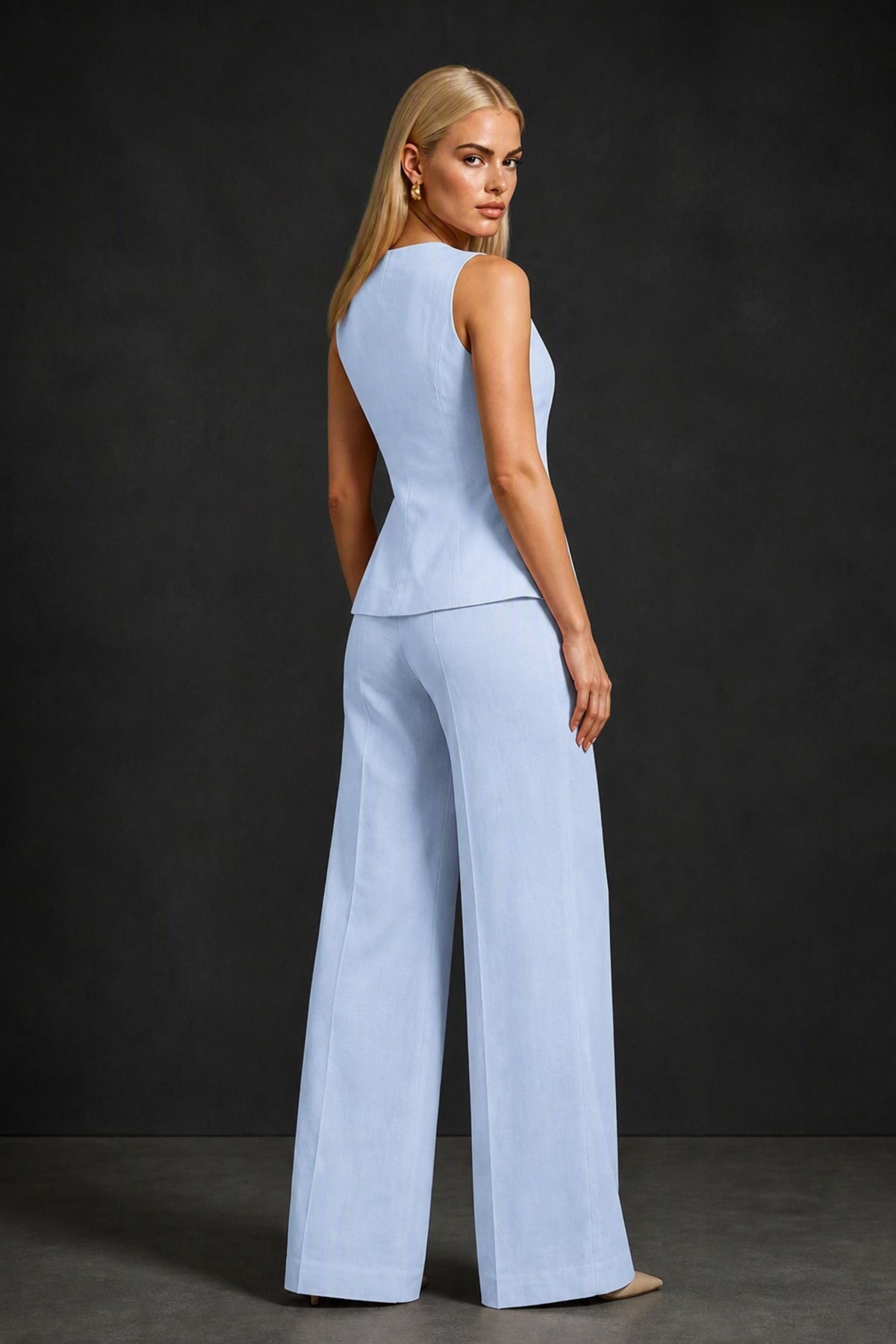 BOLODOO Light Blue Sleeveless Vest Top & Wide-Leg Trousers Two-Piece Suit Set – Light Blue Button Asymmetric Formal Set - Light Blue