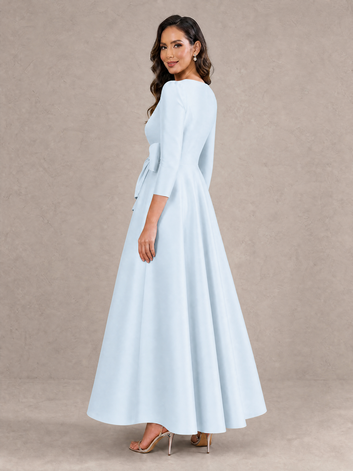 BOLODOO Light Blue Satin Deep V-Neck Wrap 3/4 Puff Sleeve A-Line Ball Gown Maxi Dress with Oversized Bow Belt - Light Blue
