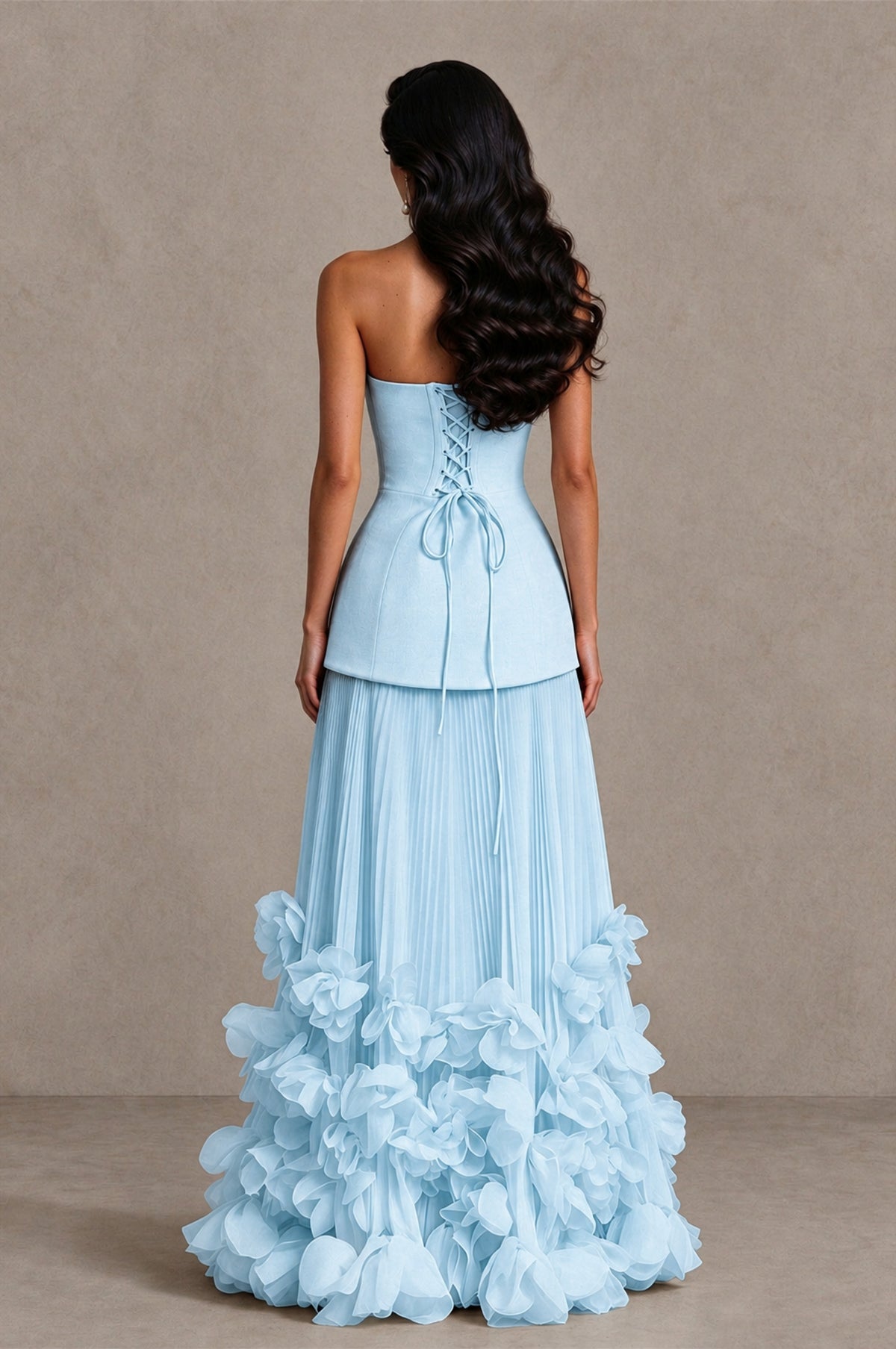 BOLODOO Light Blue Strapless Pleated Floral Hem Evening Gown - Light Blue - Light Blue_2