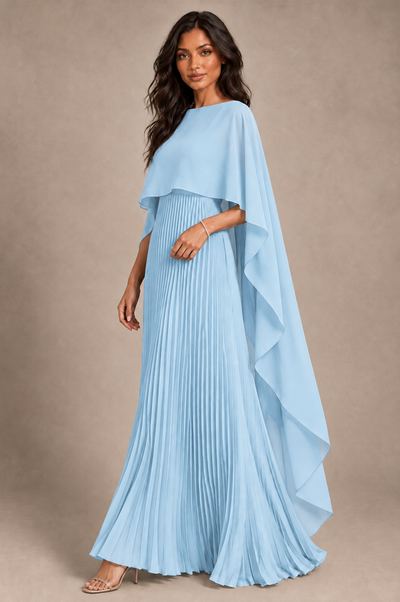 BOLODOO Light Blue Pleated Cape A-Line Evening Dress - Light Blue - Light_Blue_2