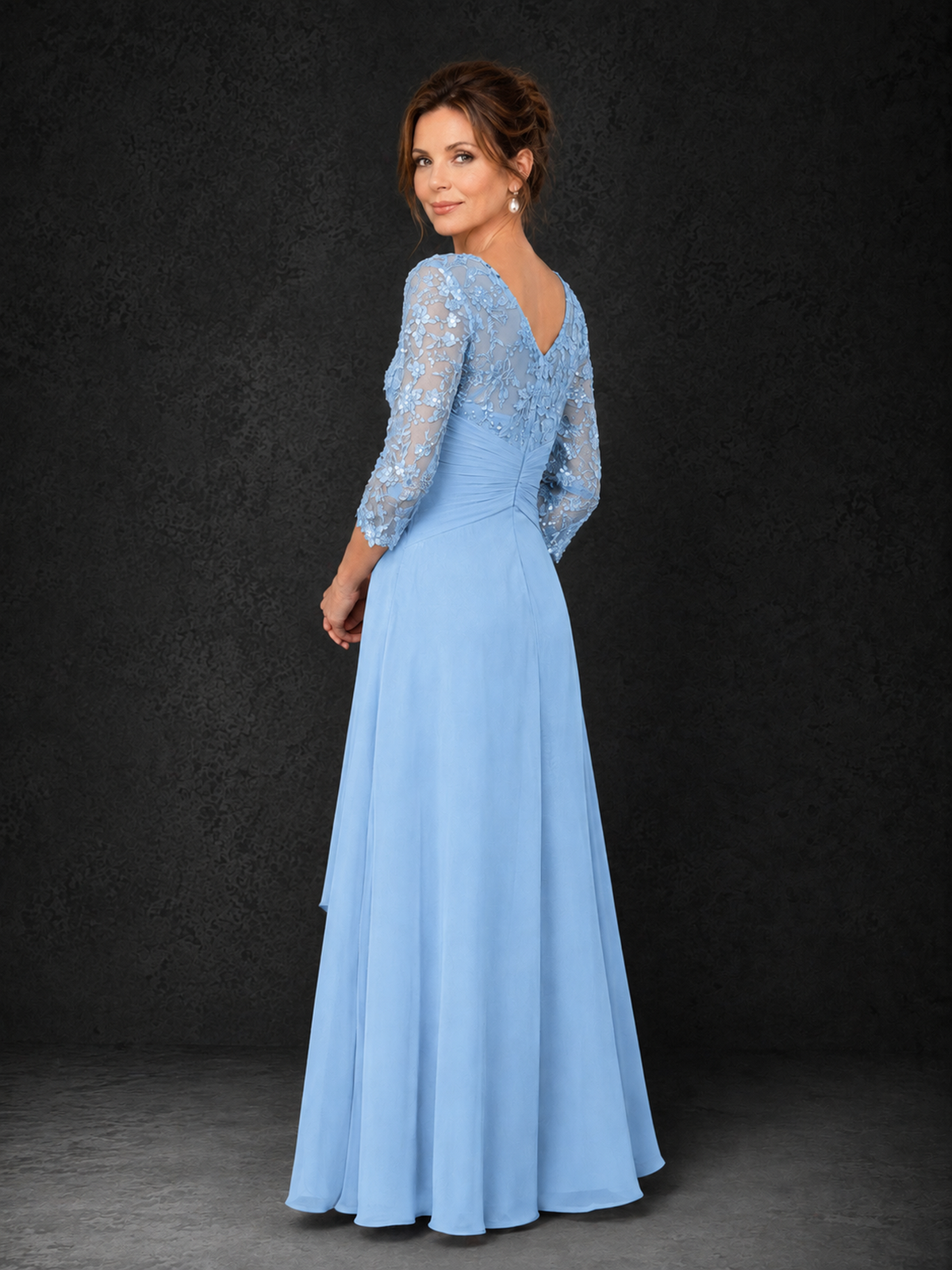 BOLODOO Light Blue Sequin Lace & Chiffon Tea-Length Mother of the Bride Dress with 3/4 Sleeves - Light Blue