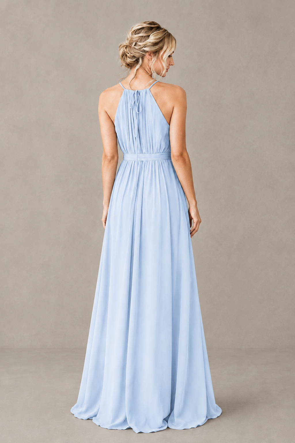 BOLODOO Light Blue Halter Chiffon Bridesmaid Dress with High Slit - Light Blue