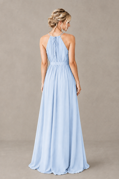 BOLODOO Light Blue Halter Chiffon Bridesmaid Dress with High Slit - Light Blue