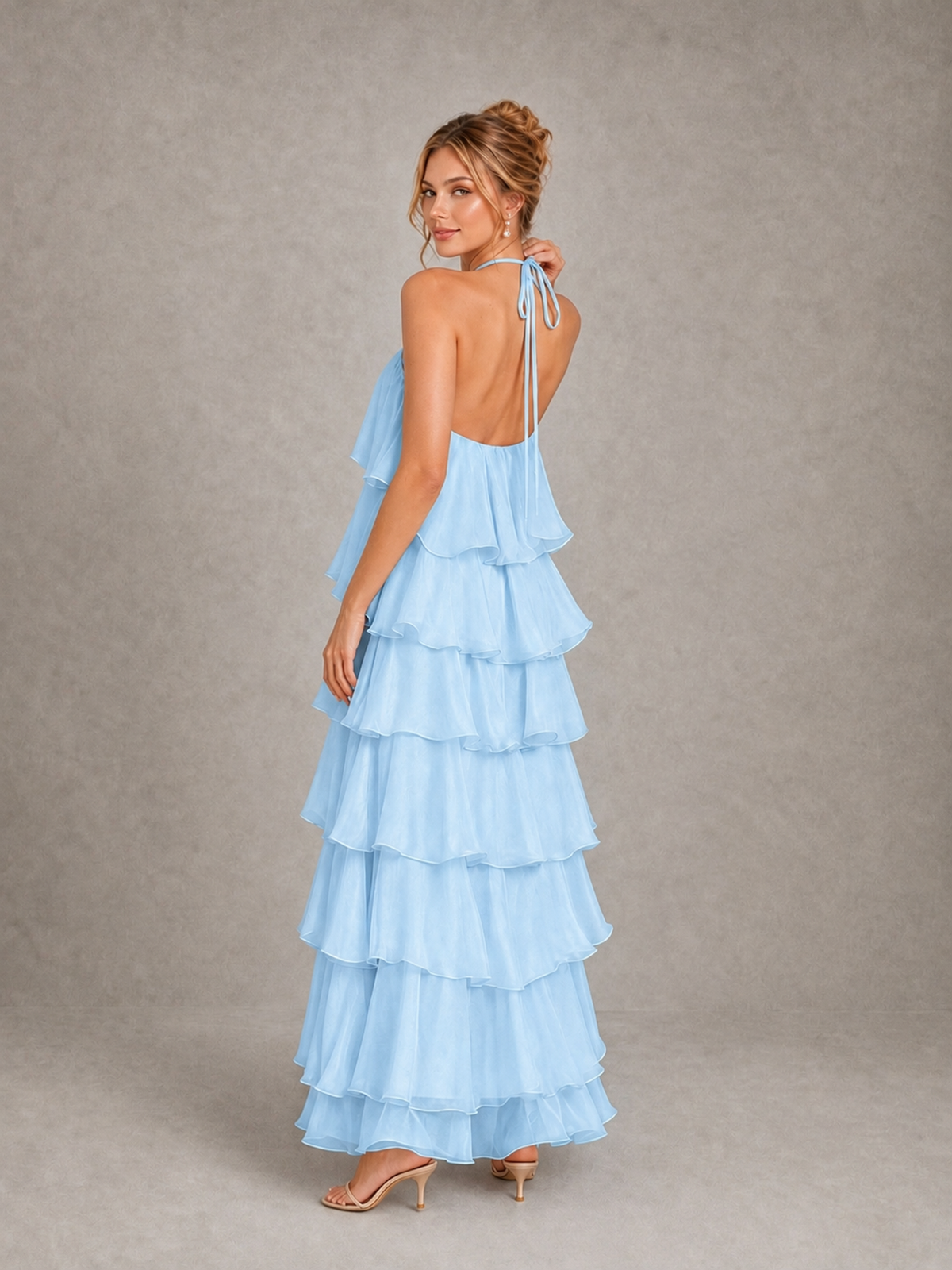 BOLODOO Light Blue Halter Tiered Ruffle Maxi Bridesmaid Dress - Light Blue - Light Blue_2