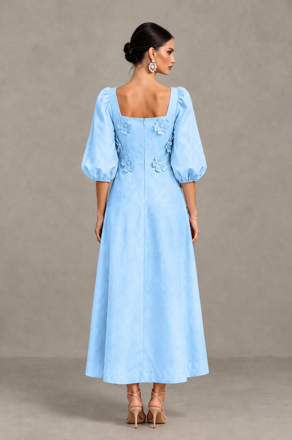 BOLODOO Light Blue 3D Floral Puff Sleeve Midi Cocktail Dress - Light Blue - Light Blue_2