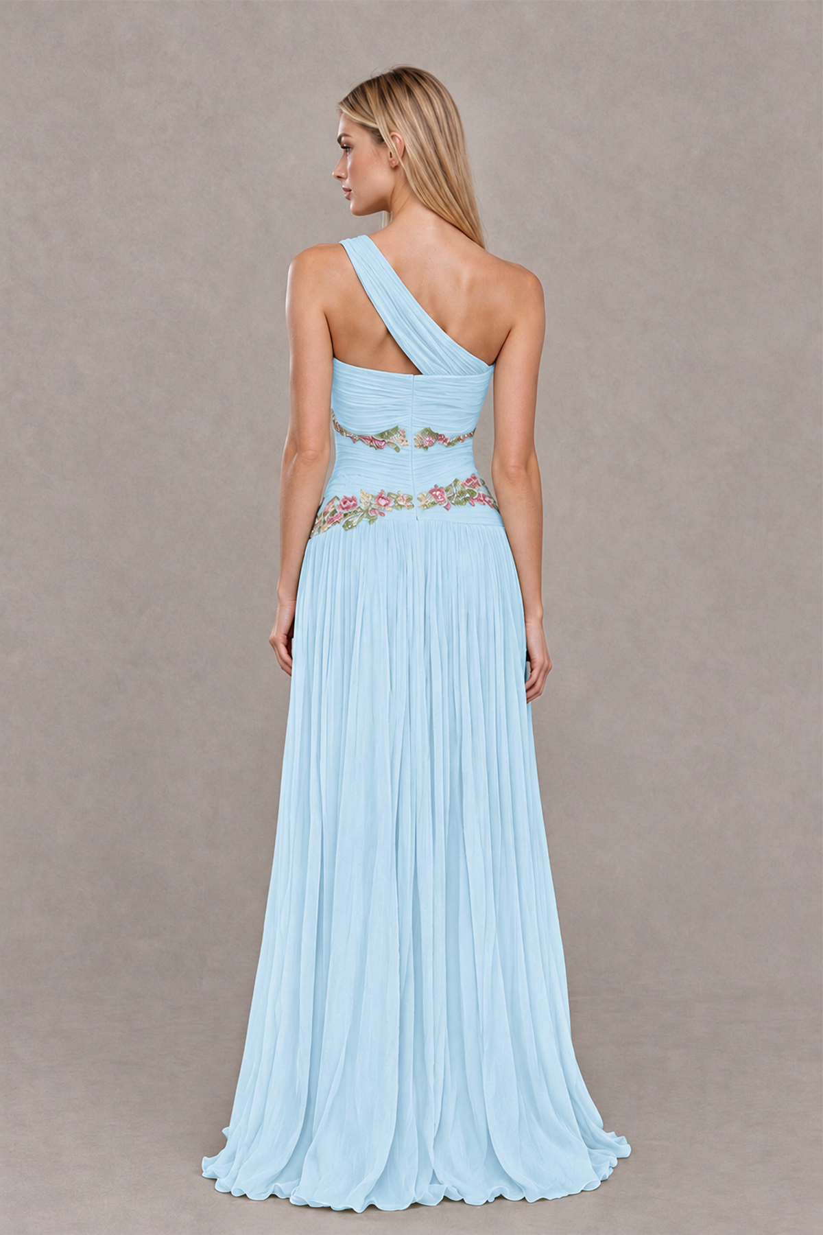 BOLODOO Light Blue One-Shoulder Floral Applique A-Line Evening Dress - Light Blue - Light Blue_2