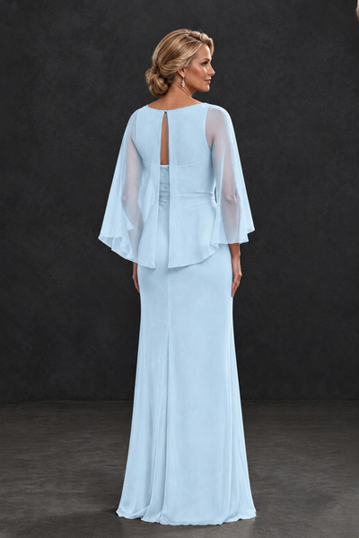 BOLODOO Light Blue Cape Sleeve Mother of the Bride Dress with Ruched Waist - Light Blue - Light Blue_2