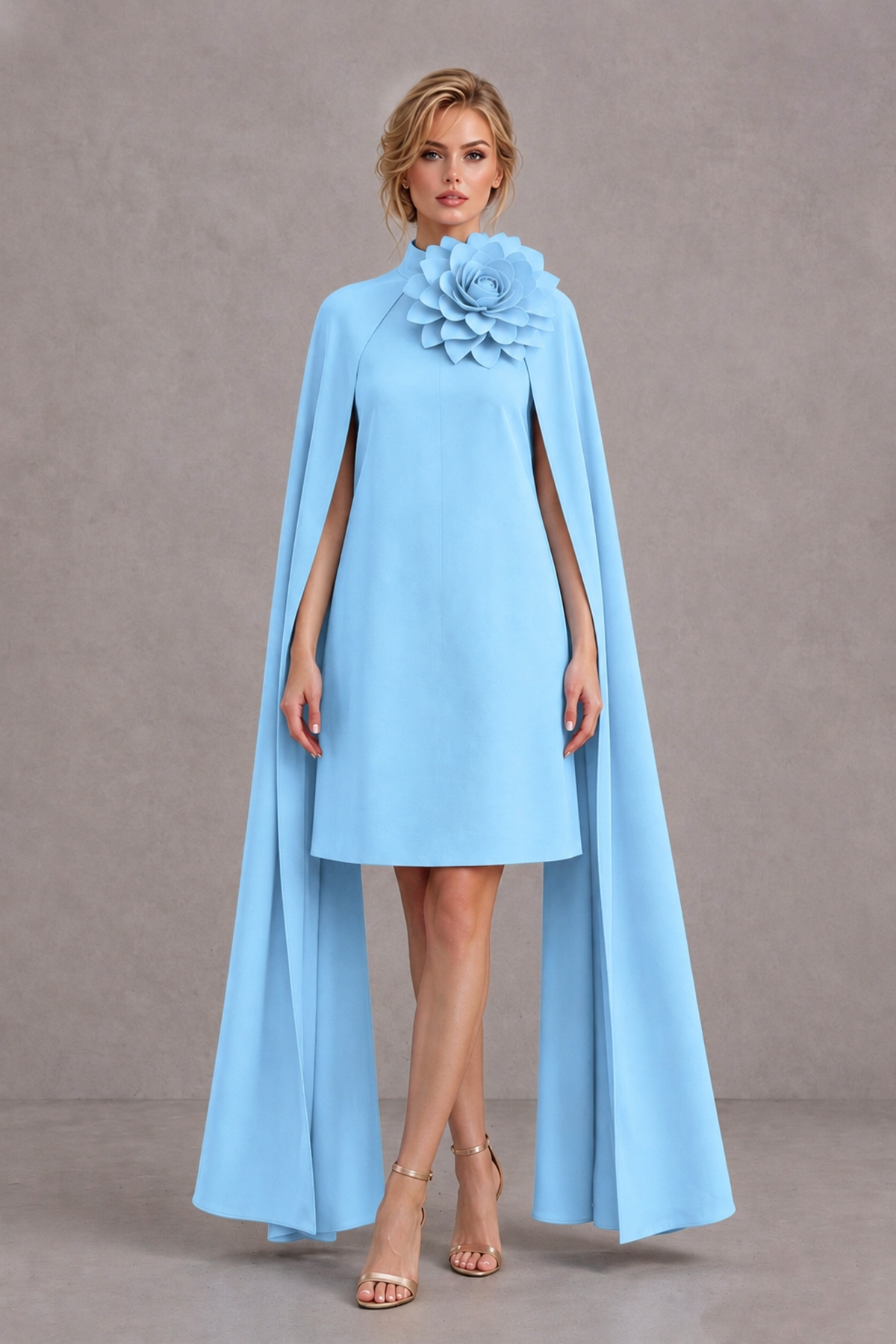 BOLODOO Light Blue High Neck Floral Cape Mini Cocktail Dress - Light Blue - Light Blue_2