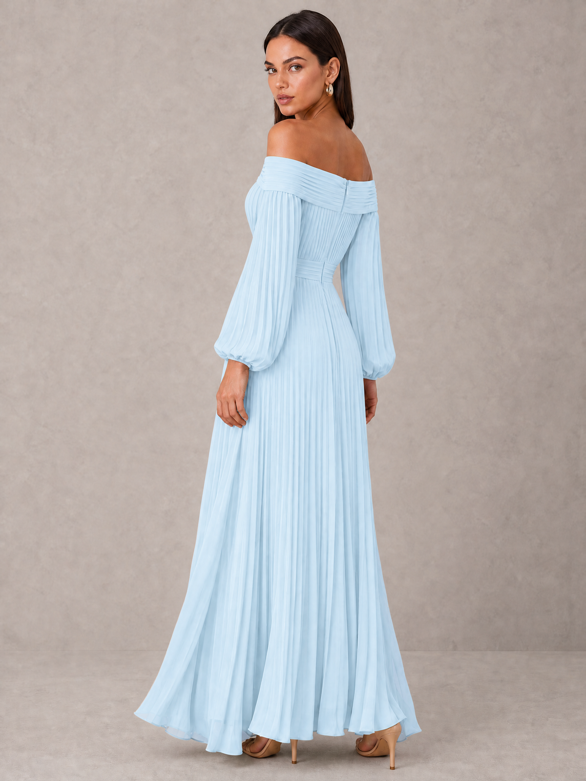 BOLODOO Light Blue Off-Shoulder Long Sleeve Pleated High-Low Dress - Light Blue - Light_Blue_2