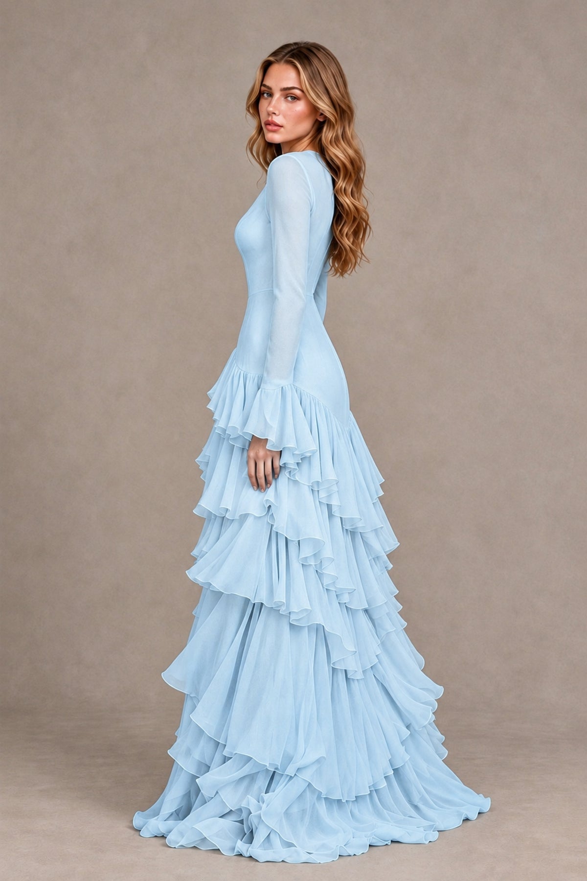 Light Blue Long Sleeve Tiered Ruffle Evening Gown - Light Blue - Light Blue_2
