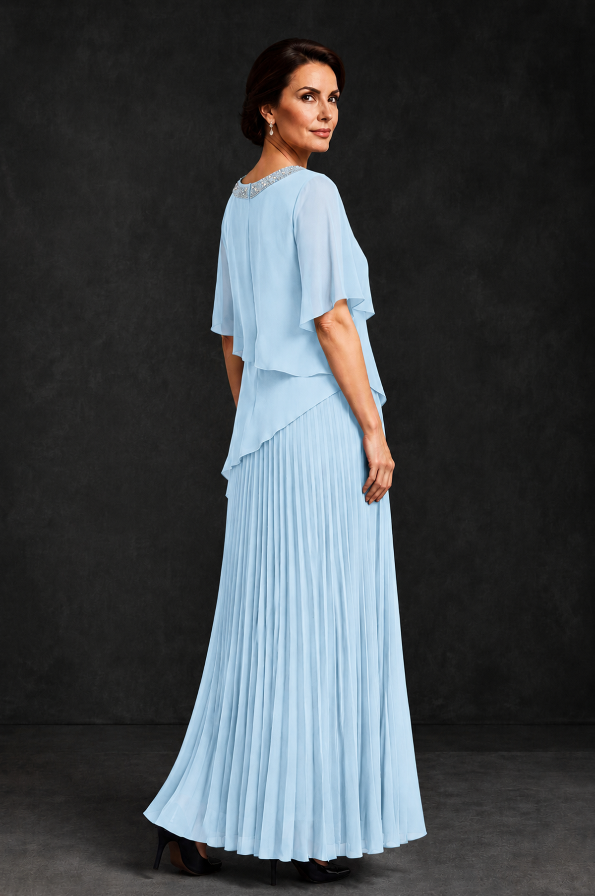 BOLODOO Light Blue Pearl Beaded Neck Asymmetric Tiered Flutter Sleeve Pleated Chiffon Maxi Dress - Light Blue - Light_Blue_2