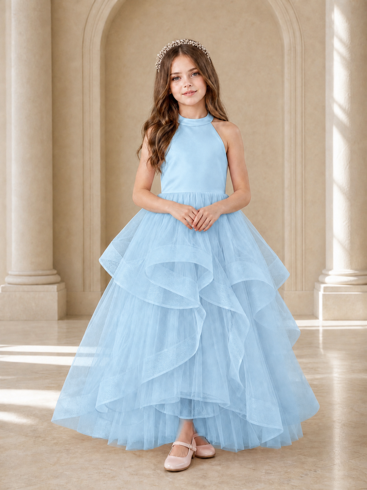 BOLODOO Light Blue Halter Tiered Tulle Flower Girl Dress with Bow Back - Light Blue - Light Blue_2