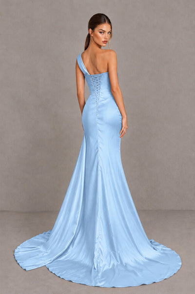 BOLODOO Light Blue One Shoulder Satin Mermaid Evening Dress with Ruched Slit Skirt - Light Blue - Light Blue_2