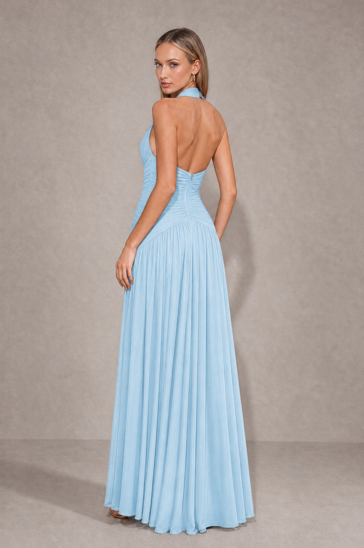 BOLODOO Light Blue Chiffon Halter Deep V-Neck Ruched A-Line Backless Maxi Dress with Train-BD0167 - Light Blue - Light Blue_2