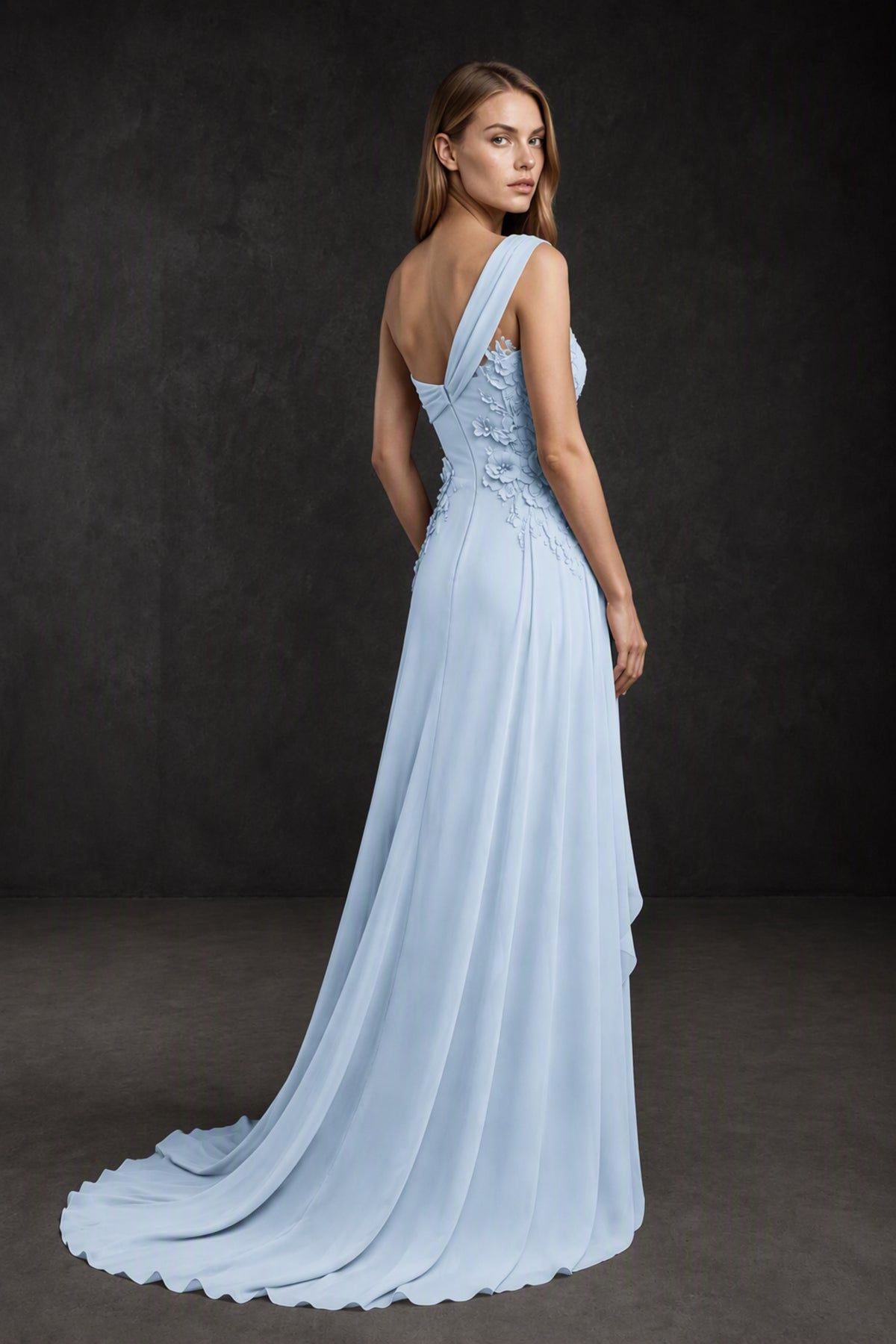 BOLODOO Light Blue One-Shoulder 3D Floral Appliqué Chiffon Gown with Open Back - Light Blue