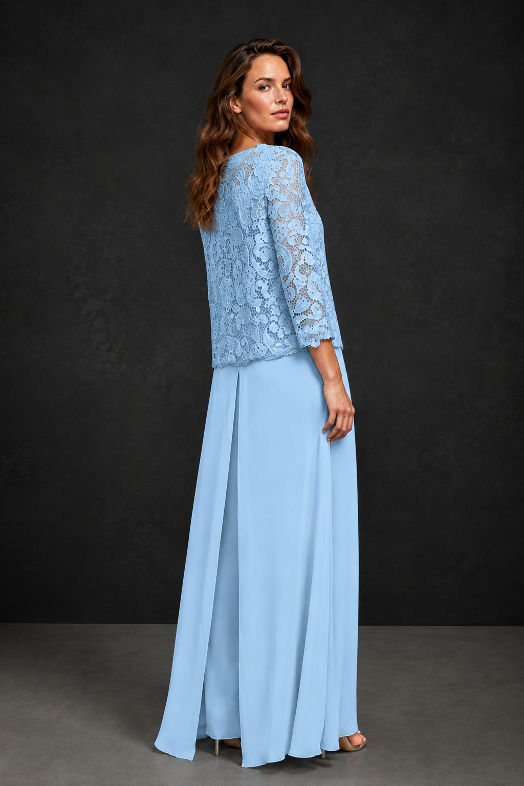 BOLODOO Light Blue Grey Lace Peplum Top & Wide-Leg Chiffon Pants Set | Mother of the Bride & Formal Evening Outfit - Light Blue