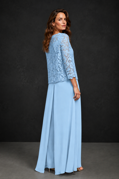 BOLODOO Light Blue Grey Lace Peplum Top & Wide-Leg Chiffon Pants Set | Mother of the Bride & Formal Evening Outfit - Light Blue