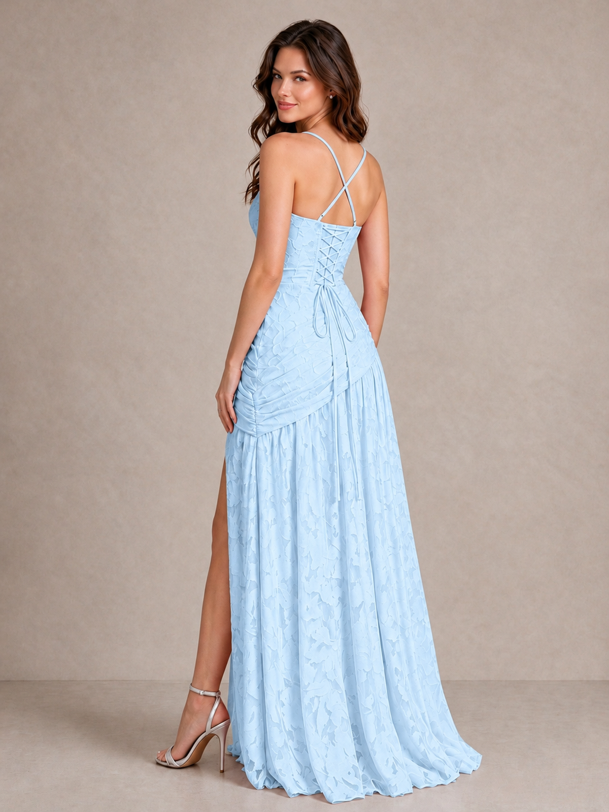 BOLODOO Light Blue Floral Jacquard Bridesmaid Dress with Square Neck, Lace-Up Back & High Slit - Light Blue - Light Blue_2