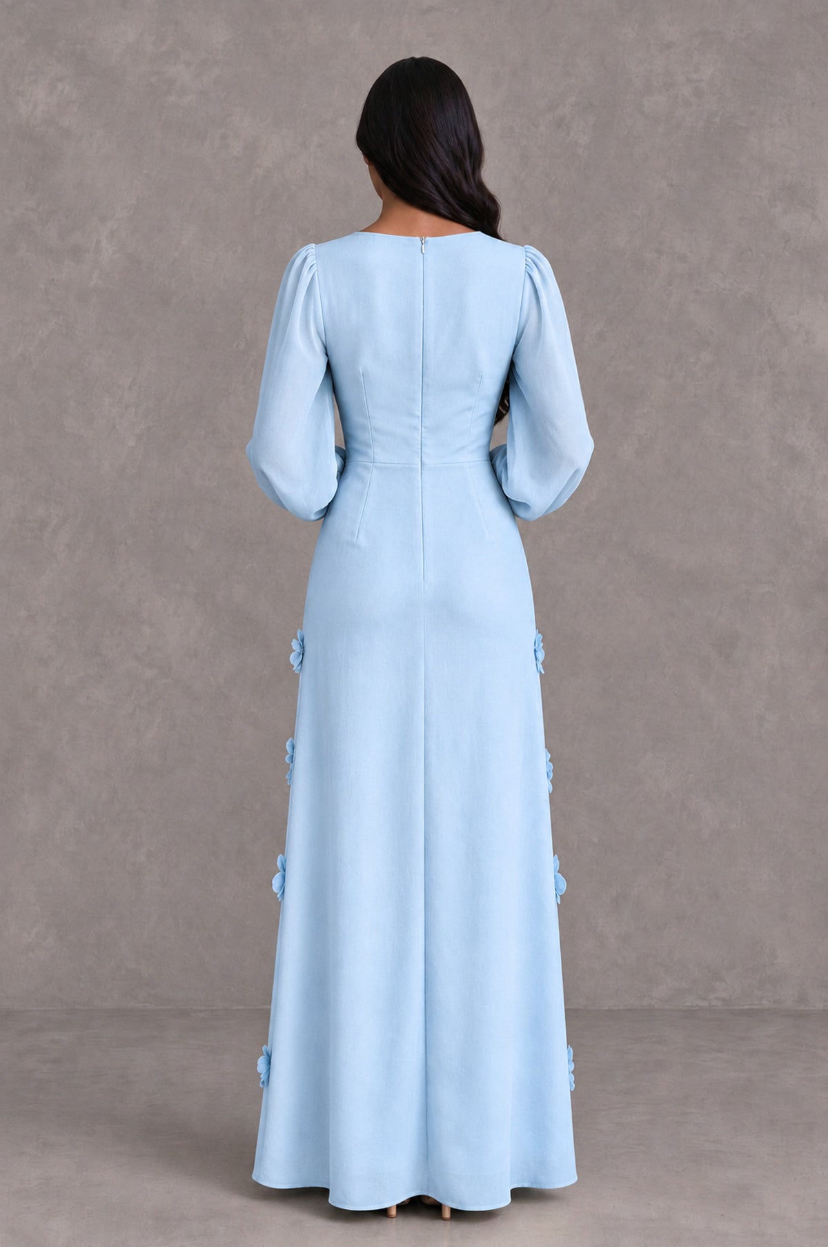 BOLODOO Light Blue Long Sleeve Floral Applique A-Line Evening Dress - Light Blue - Light Blue_2