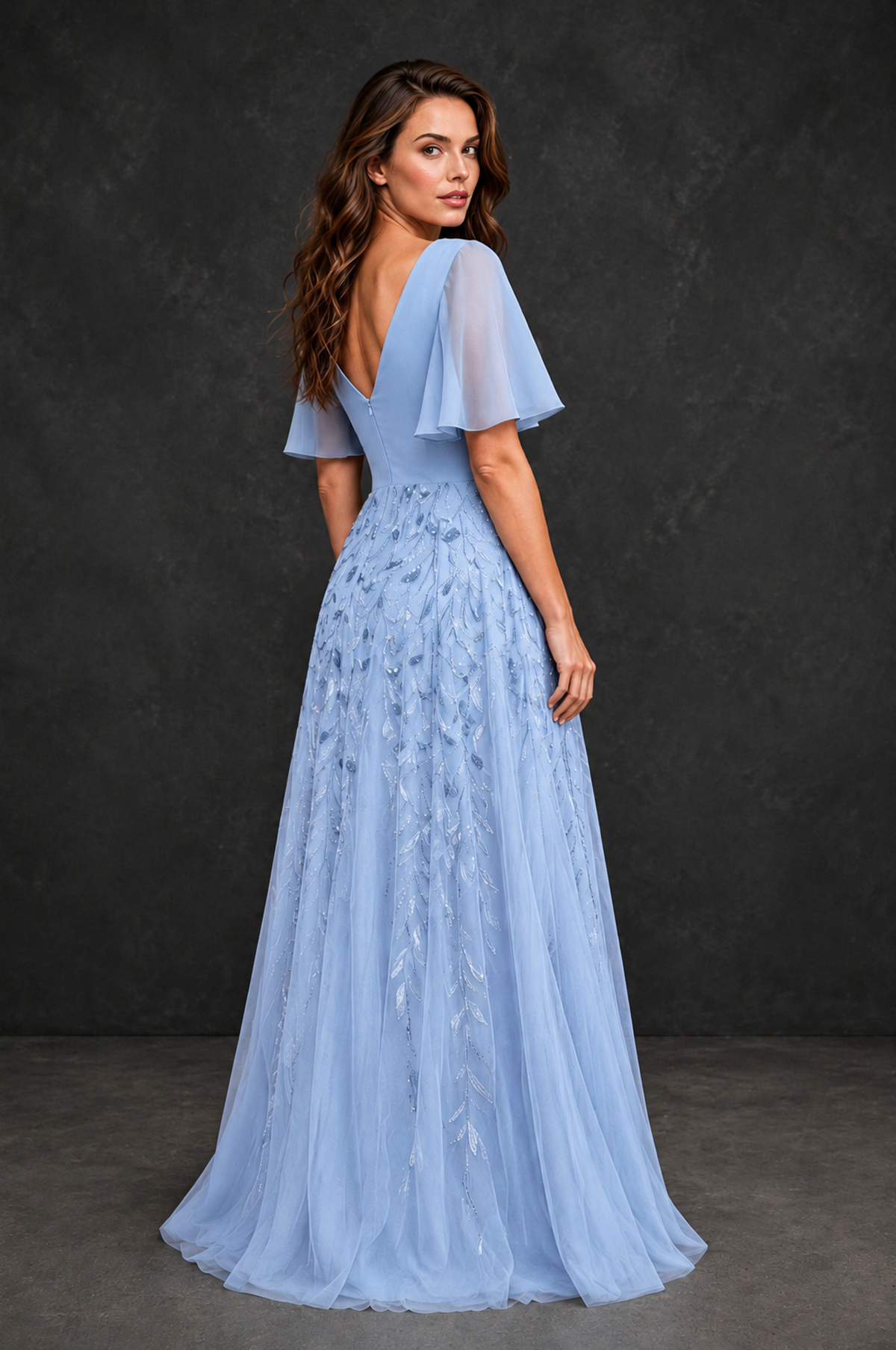 BOLODOO Light Blue V-Neck Flutter Sleeve Beaded Botanical Tulle A-Line Gown | Mother of the Bride Evening Dress - Light Blue - Light Blue_2