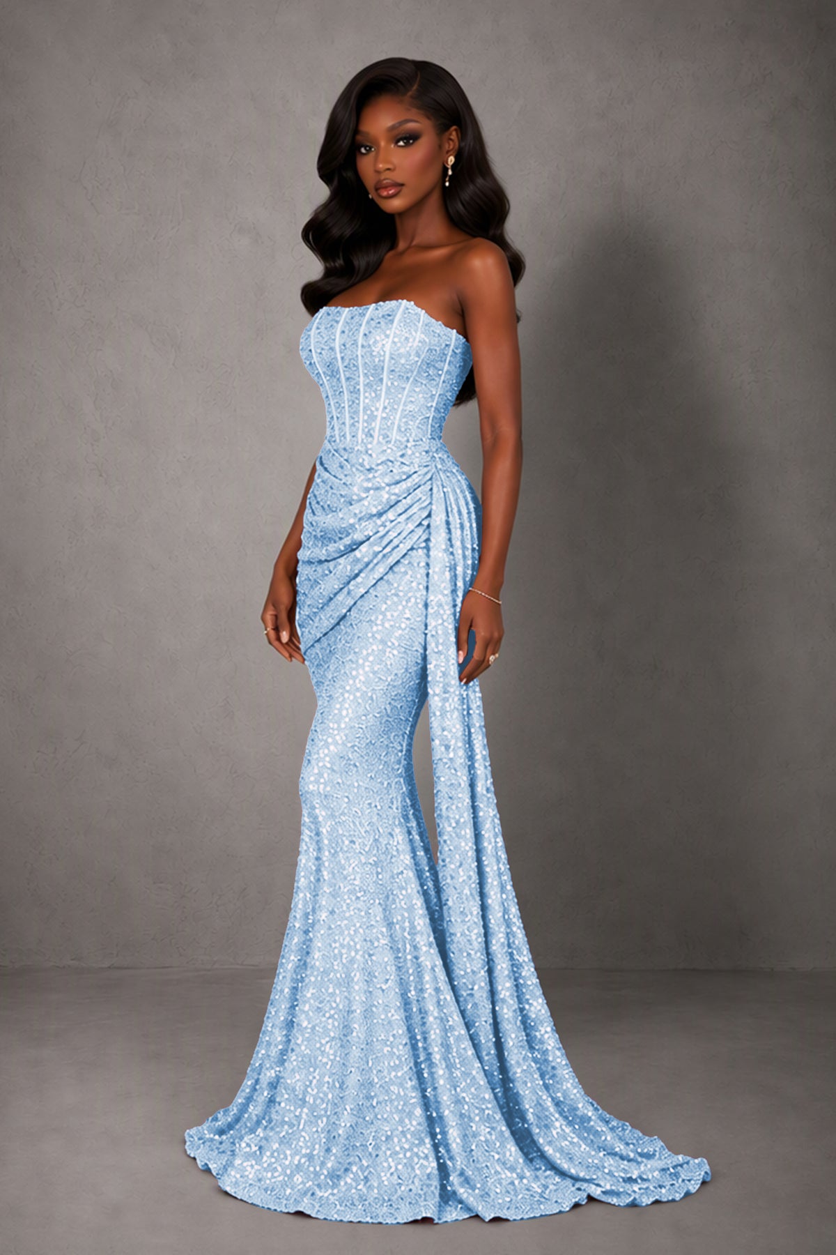 BOLODOO Light Blue Sequin Strapless Corset Mermaid Evening Gown with Train - Light Blue