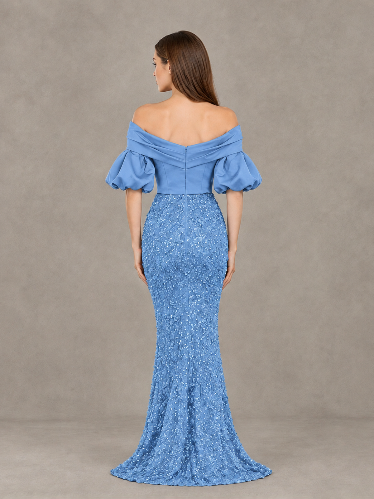 BOLODOO Light Blue Off-Shoulder Puff Sleeve Sequin Mermaid Evening Dress - Light Blue - Light Blue_2